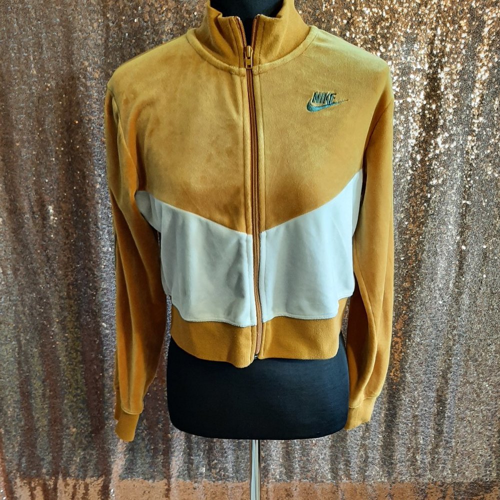 Nike Women's Mustard Yellow Velour Cropped Track Jacket Size S